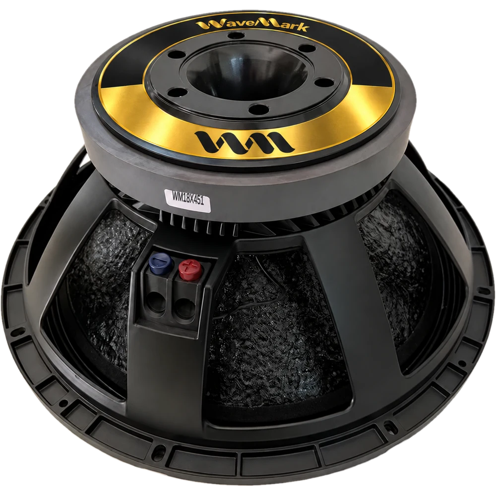 Wavemark WM18X451 18 inch subwoofer with gold Wavemark magnet badge, angled rear view
